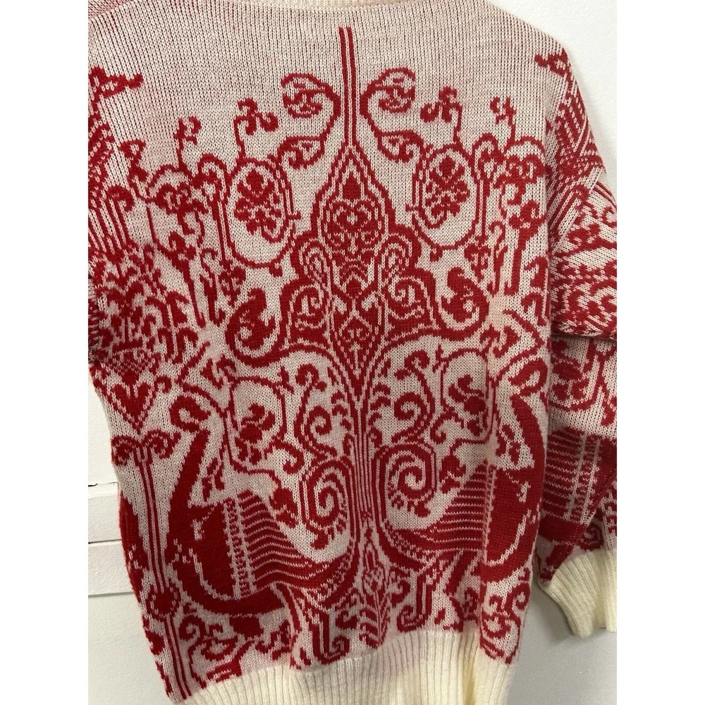 Vintage Red Cream Nordic Folk Art Jacquard Sweater Women S‎ M Boho Tapestry Knit